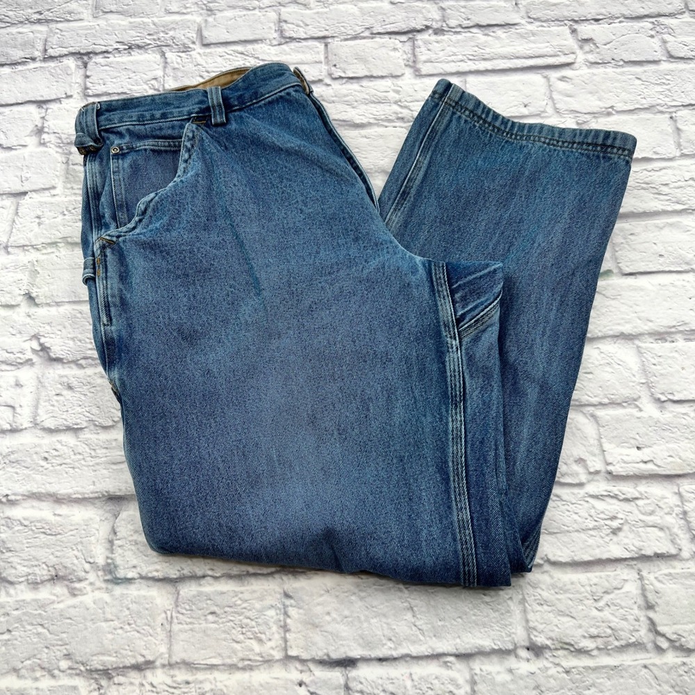 Duluth Trading Co Men's Carpenter Jeans Blue Denim 42x32 Work Pants Hammer Loop